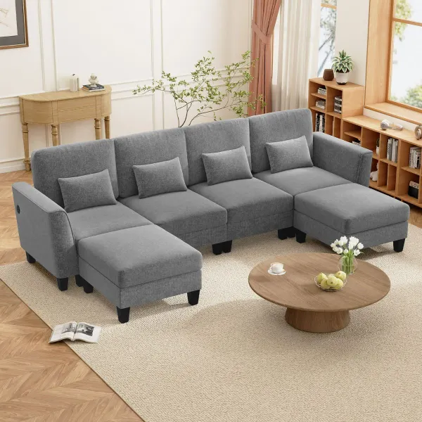 Sofá Seccional en Forma de U con 2 Otomanas, Puertos USB y Tipo-C | 280cm