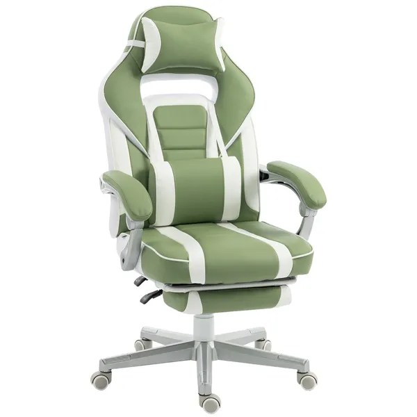 Cadeira Gaming Reclinável com Encosto Ajustável, Apoio para os Pés Retrátil, Suporte Lombar e Almofada de Cabeça para Escritório ou Estudo, Verde