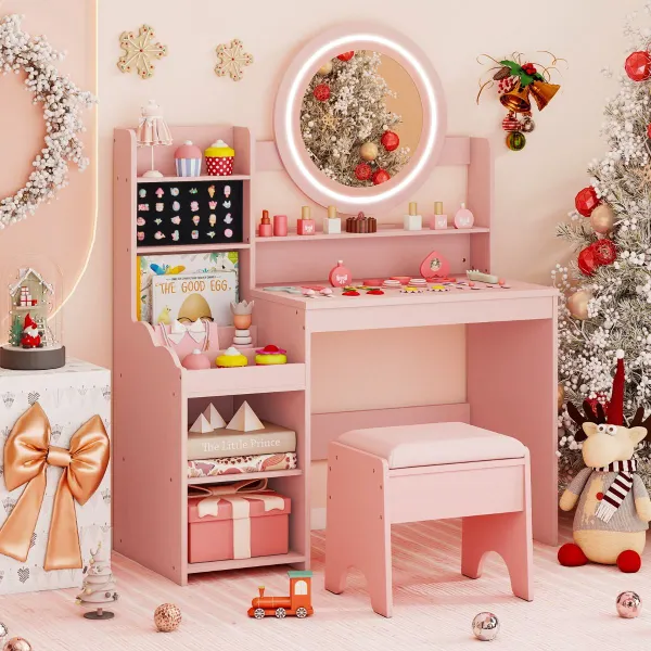 Penteadeira Infantil com Espelho Iluminado, Prateleiras e Taburete Rosa
