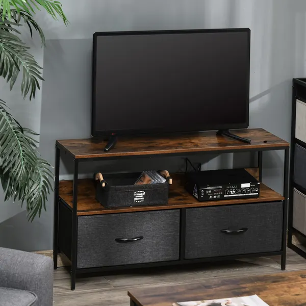 Móvel de TV até 47” Móvel de TV Industrial com Prateleira e 2 Cestos de Tecido Dobráveis para Sala de Estar Dormitório Estrutura de Metal 98x29x56cm Marrom Rústico e Preto