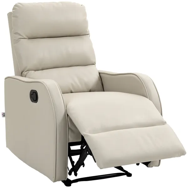 Poltrona Relax Reclinável Manual, Poltrona Estofada em PU com Apoio de Pés Retrátil, Almofadada, Reclinável até 160º, para Sala, Quarto, Creme, 65x89x100 cm