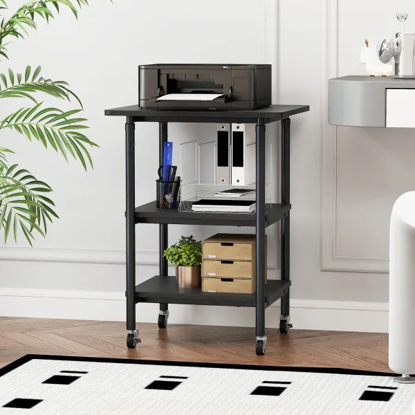 Suporte de Impressora Ajustável em Altura com 3 Níveis e Rodas Travão 49 x 40 x 65-77 cm