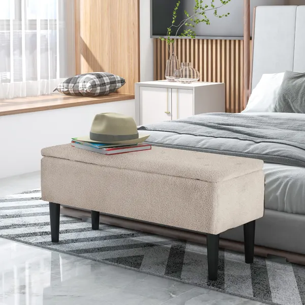 Banco de Almacenamiento Dormitorio Banco de Almacenamiento Capacidad 47L Tampa Abatible y Pés de Madeira de Borracha Carga Máxima 120 kg 95x38x45 cm Bege