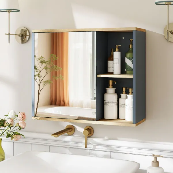 Armario para Medicamentos de Pared con Espejo Armario de Baño de Pared con Puerta Espejada Estante Ajustable y Compartimentos Laterales Gris