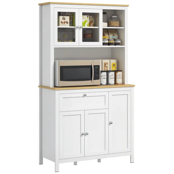 Armário de Cozinha Alto, Móvel Auxiliar de Cozinha, com 5 Portas, Prateleira Ajustável, Gaveta, Bancada Aberta para Micro-ondas, Orifício para Cabo, 100x40x180 cm, para Sala de Jantar, Sala, Branco