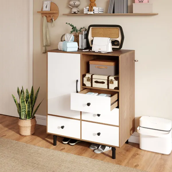 Buffet Apparador 4 Tiroirs et Compartiment Ouvert 80x45,5x97,5 cm Naturel et Blanc