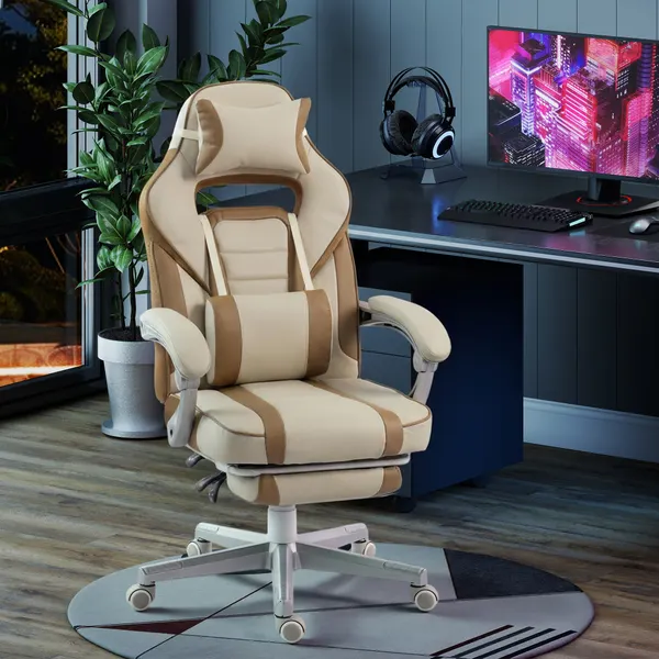 Silla Gaming Reclinable con Altura Ajustable, Apoyo a Pés Retrátil, Soporte Lombar y Almohada de Cabeza para Oficina o Estudio - Creme