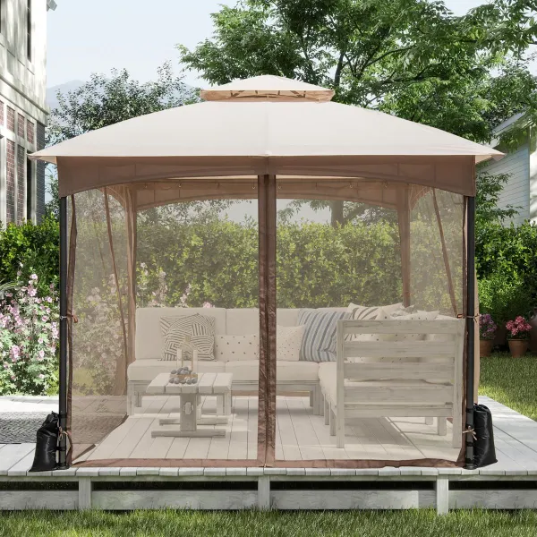 Tenda Patio 300x300 cm Doppio Tetto Rete Maglia 4 Sacchi Sabbia Beige