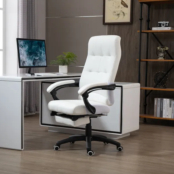 Cadeira de Escritório Ergonómica Giratória Cadeira de Escritório Reclinável Estofada em PU com Altura Ajustável Apoio para os Braços e Apoio para os Pés 65x65x118-125 cm Branco