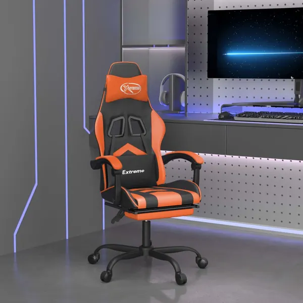 Cadeira gaming giratória+apoio pés couro artif. preto/laranja