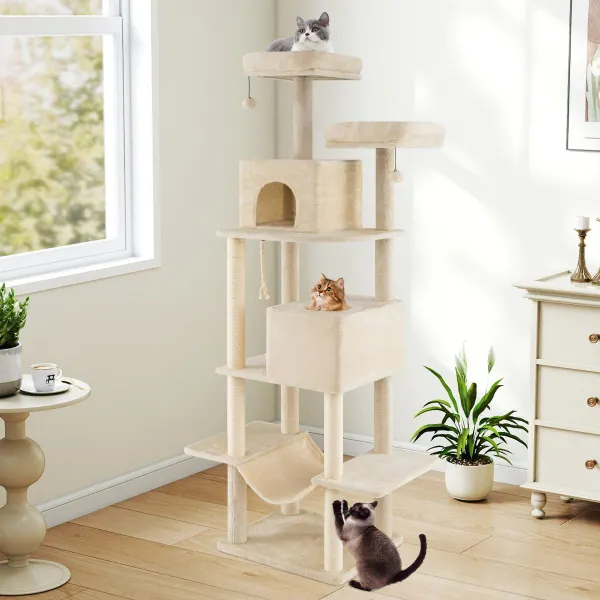 Árbol para Gatos de 205 cm Torre de Escalada para Gatitos con 2 Condos 2 Perchas de Terciopelo Postes Rascadores de Sisal y Cuerda Beige