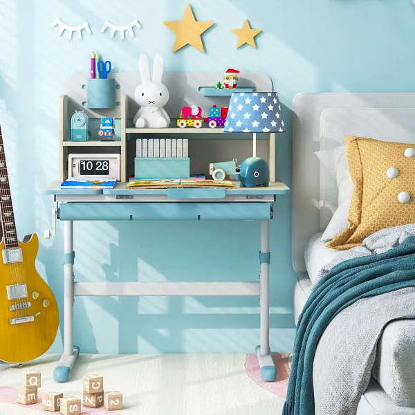Escritorio de Estudio para Niños Mesa con Altura Ajustable Escritorio Inclinable Aparador Cajón Bandeja Estantes