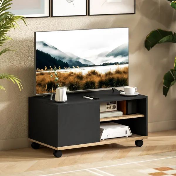 Móvel de TV com Rodas Mesa de TV Móvel até 42 Polegadas com 1 Porta 2 Compartimentos Abertos Prateleira Ajustável para Sala de Estar 80x45x41 cm Preto