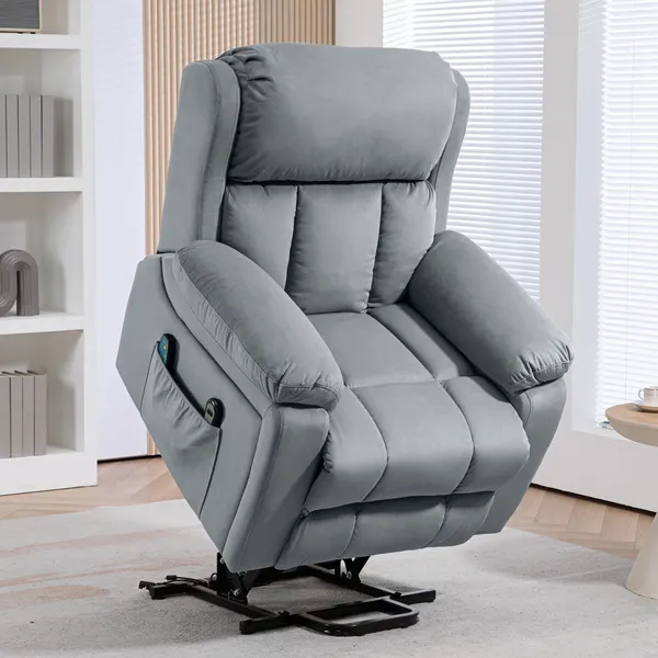 Poltrona Reclinável Elétrica com Função de Elevação, Massagem Vibratória e Calor, Comandos Remotos, Apoio para Pés, Pele Sintética, Bolsos Laterais, Cinzento