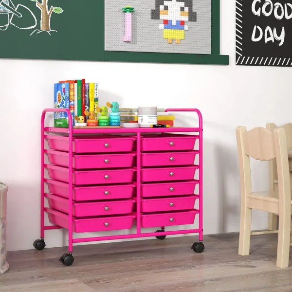 Carrinho de Arrumação com 12 Gavetas Extraíveis e Rodas 64x38x62 cm