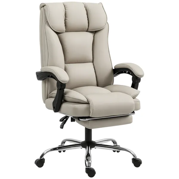 Cadeira de Escritório com Apoio para os Pés Giratória Cadeira para Secretária com Encosto Reclinável Acolchoado Duplo Espesso Revestida em Couro Sintético e Altura Ajustável 66x72x113-121 cm Caqui