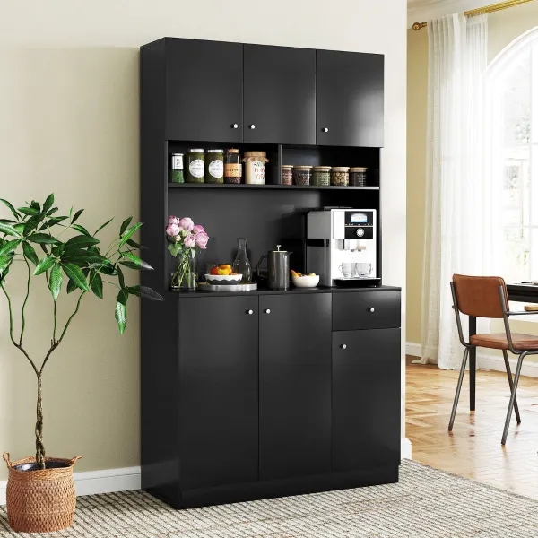 Mueble Despensa Alto 181 cm con Tomas de Corriente Puertos USB Kits Antivuelco Estantes Armario Buffet