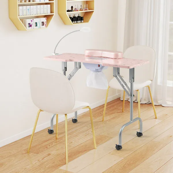 Mesa de Manicura Plegable con Colector de Polvo Eléctrico Lámpara LED 4 Ruedas con Freno 90 x 40 x 77 cm