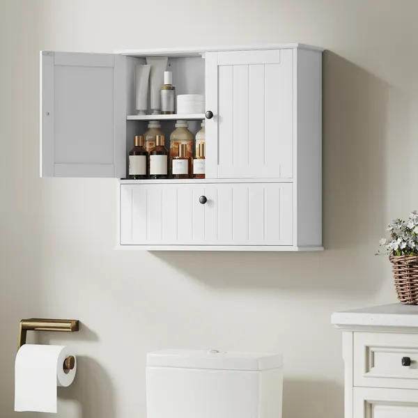 Arrio Casa de Baño de Parede Móvil Rústico con Prateleira Ajustable Doble Puerta Porta Basculante y Fecho Magnético para Cocina Lavandaria sobre el Vaso Sanitario 60x19,5x60 cm Blanco