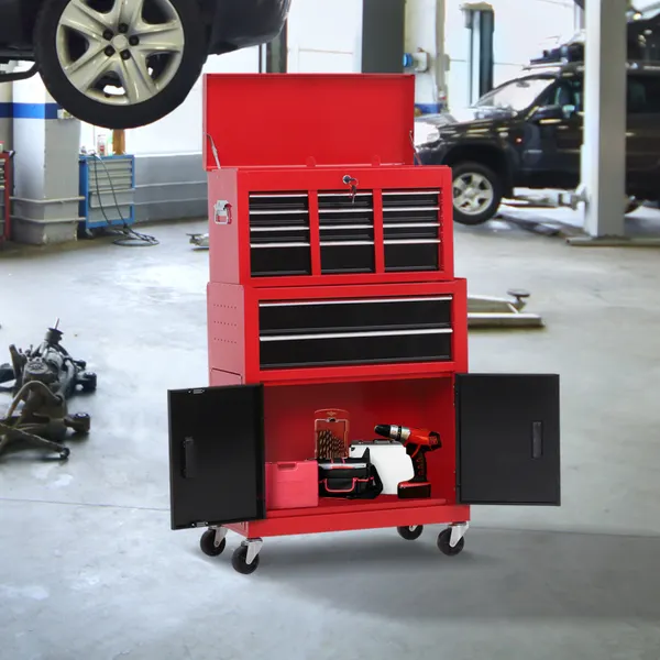Carrinho de Ferramentas com Baú Superior 2 em 1 Carrinho de Oficina com 6 Gavetas Armário Fechadura 4 Ganchos 2 Rodas com Travão para Garagem e Casa Vermelho