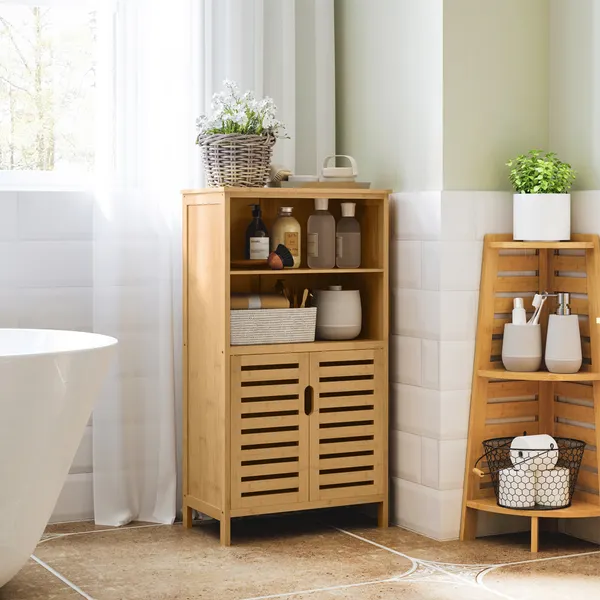 Baño de Bambu Móvil Auxiliar Casa de Baño con 2 Puertas 2 Prateleiras Abiertas y Pés Elevados 50x29x92 cm Madeira