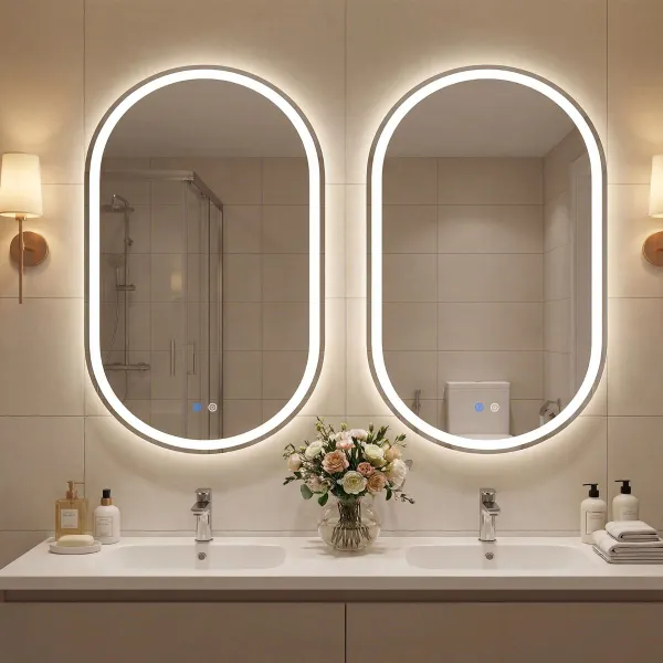 Espejo Iluminado Pared Baño 80x50cm Ovalado LED Trasera 3 Modos Brillo Ajustable Antivaho Vidrio Templado HD