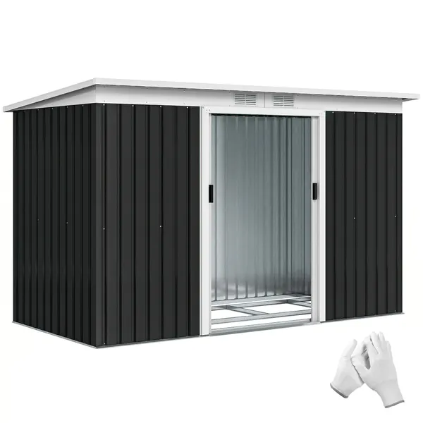 Maison de jardin 280x130x172cm Abri extérieur en acier galvanisé avec porte de couloir et ventilateurs pour le stockage des outils Gris foncé