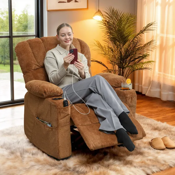 Poltrona Relax Reclinable Eléctrica, Poltrona Silenciosa de Veludo con Función Memoria, Apoyo a los Pés, Comando a Distancia, Bolsos Laterais, Porta USB, Soporte para Copos, Encosto Concha, Castanho
