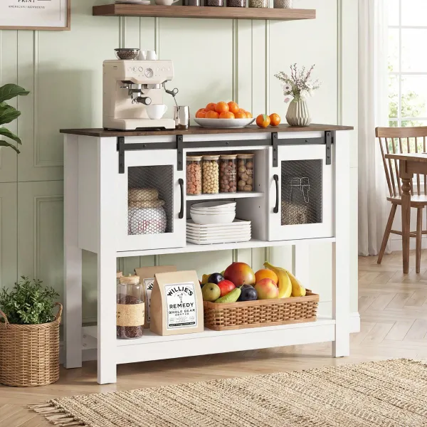 Aparador Armario Cocina con 2 Compartimentos Abiertos 2 Gabinetes Estante Ajustable Puertas Corredizas Blanco+Marrón