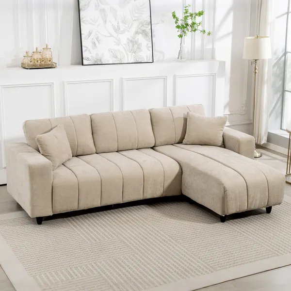 Sofá Chaise Longue Reversible Sofá de Canto en forma de L de 3 Lugares 2 Almohadillas Estofado en Linho Estructura de acero para sala de estar 242x156x87 cm Bege