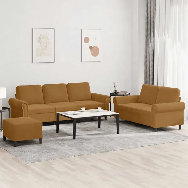 3 pcs conjunto de sofás com almofadões veludo castanho