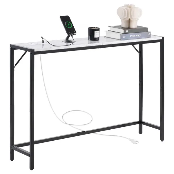 Consola mármore, 120 cm, tomada elétrica, aço tubo