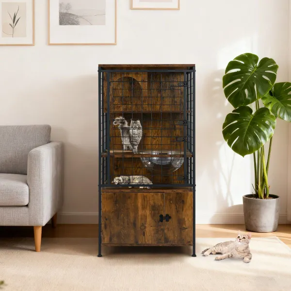 Cage Tour Multicouche pour Chats avec Armoire - Structure Métallique Robuste