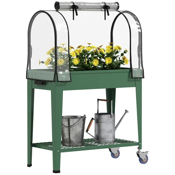 Mesa de Cultivo com Rodas 80x40x120 cm Horta Urbana Elevada com Cobertura de Estufa e Prateleira Inferior para Cultivar Plantas Flores e Vegetais Verde