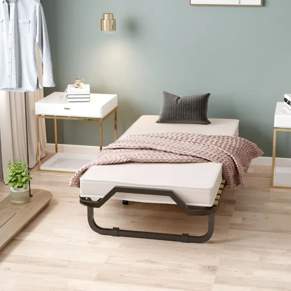 Lit Pliant Simple avec Matelas Mousse à Mémoire Structure Métallique Roulettes 90x200 cm