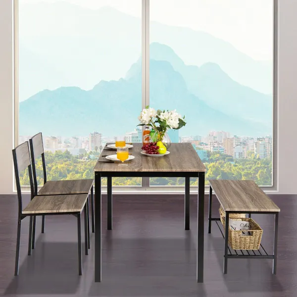 Conjunto de Mesa Industrial 4 Peças com 2 Cadeiras e Banco com Prateleira