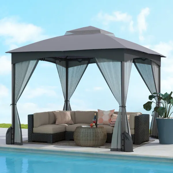 300 x 300 CM Toldo para Patio con Paredes de Red Techo Doble con 4 Sacos de Arena