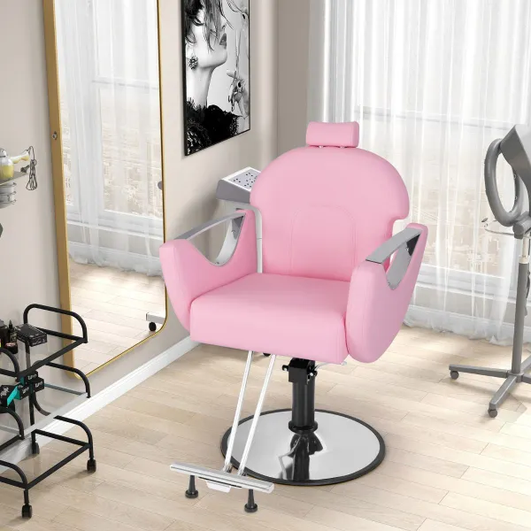 Cadeira de Barbeiro Reclinável 360° com Altura Ajustável e Bomba Hidráulica - Rosa