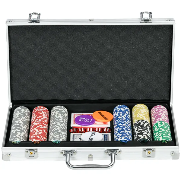 Conjunto de Póquer Profissional Mala de Póquer de Alumínio com 300 Fichas de 11,5 g 2 Baralhos de Cartas 5 Dados Tapete e Botão de Crupiê para 7-8 Jogadores com Fechadura Prateado