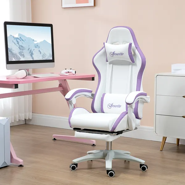 Silla Juegor Racing de Couro PU con altura ajustable Reclinable 135° Apoyo a la Cabeza y apoyo a los Pés Retrátil para la Oficina Estudio 65x65x121-129 cm Blanco y Roxo