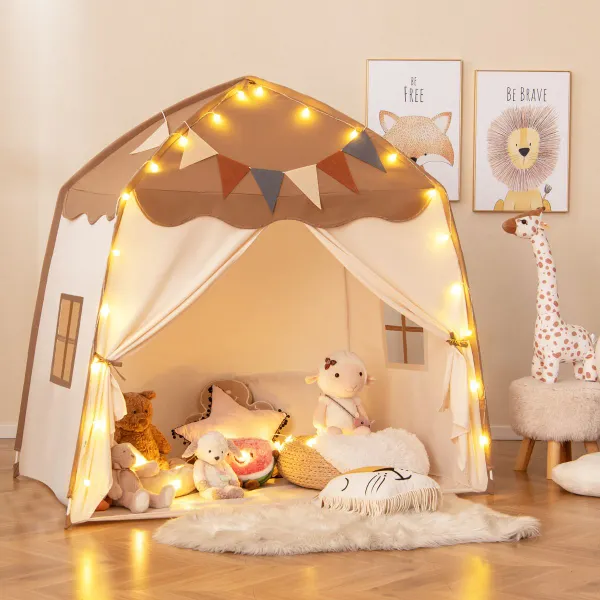 Tenda Infantil Portátil Boho com Luzes e Bandeirolas para Cama e Jogos