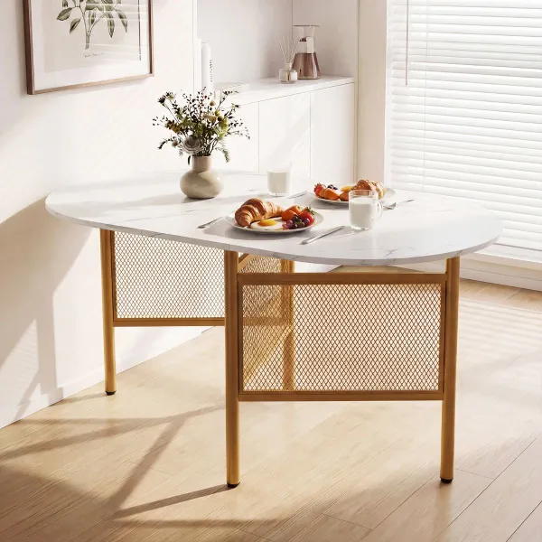 Mesa de Jantar Plegável Oval com Abas 6-8 Pessoas 150cm Patas Metálicas Mármore Branco+Dourado
