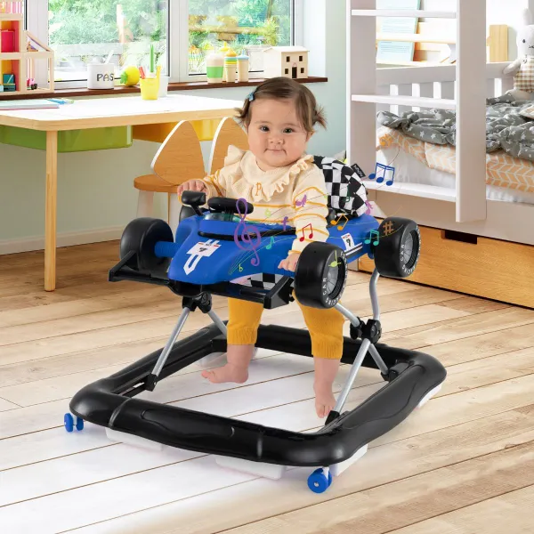 Andador para Bebé 4 en 1 con Altura Ajustable en 3 Niveles Volante con Asiento Acolchado y Caja de Música Coche Empujable Convertible Azul
