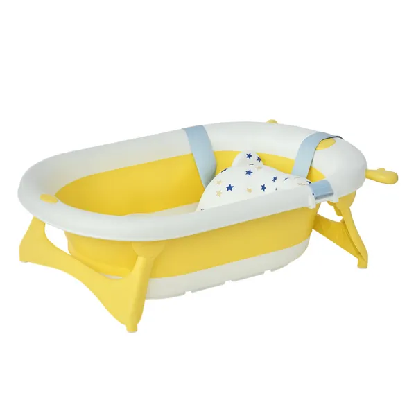 Banheira para Bebé Recém Nascido até 3 Anos Dobrável 30 Litros com Tampa Termossensível e Almofada Confortável Almofadas Antiderrapantes 81,5x50,5x23,5cm Amarelo e Branco