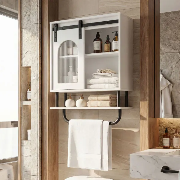 Armário de Parede 3 Níveis com Porta Deslizante de Vidro e Barra Metálica - Branco