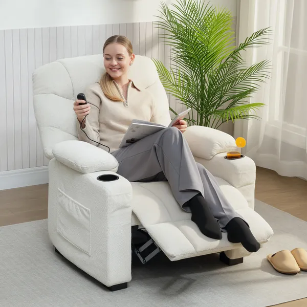 Poltrona Relax Reclinável Elétrica Poltrona Reclinável Silenciosa com Função Memória Apoio para Pés Controlo Remoto Bolsos Laterais Porta-Copos e Porta USB para Quarto Sala Creme
