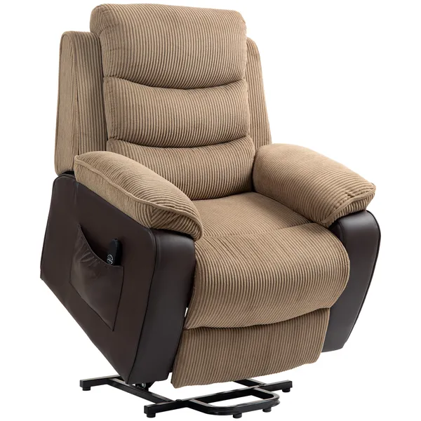 Poltrona Relax Reclinável Elétrica Levanta Pessoas, com Porta USB, Comando, Apoio para os Pés, Estofada em Veludo, Bolsos Laterais, Castanho