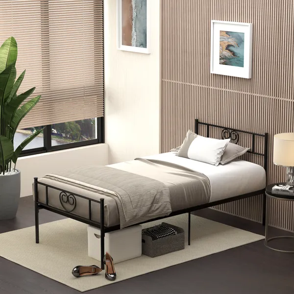 Estrutura de Cama Individual de Metal 31cm para Colchão 90x190cm com Cabeceira com Forma de Coração Estrutura de Cama com Espaço em Baixo de Armazenamento 95x196x100cm Preto
