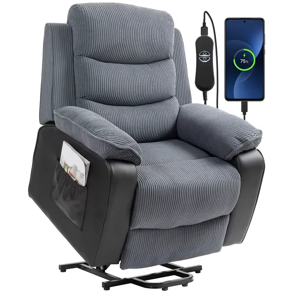 Poltrona Relax Reclinable Eléctrica Levanta Personas, con Puerta USB, Control Remoto, Apoyo a los Pés, Estofada en Veludo, Bolsos Laterais, Cinzento Escuro