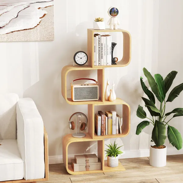 Étagère Bambou Forme S avec 2/3 Cubes Ouverts Rangement Géométrique pour Coin Bureau Étude